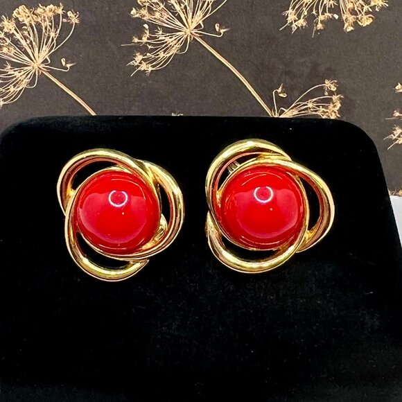 Monet Red Cabochon CLIP Earrings - Picture 1 of 5